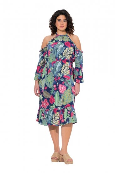 Ulla Popken 842471 Robe mi-longue imprimée Bleu marine - Robes midi - Robes mi-longues pour femmes rondes