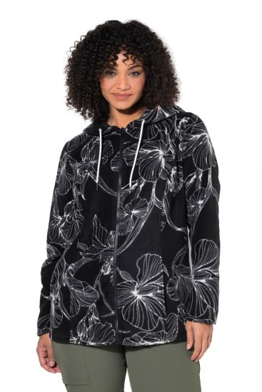 Ulla Popken 842758 Veste polaire fleurie à capuche Noir - Vêtements en laine polaire - 