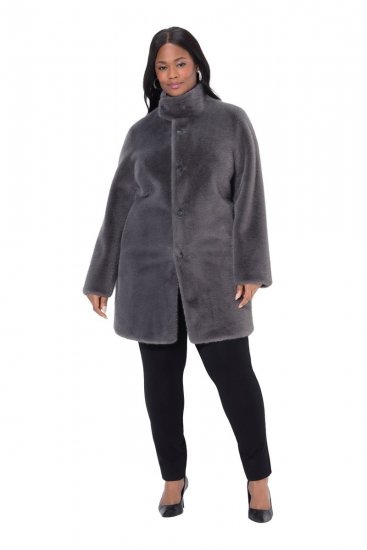 Ulla Popken 843003 Manteau en fausse fourrure à col montant Gris - Manteaux - Manteaux grande taille pour femme