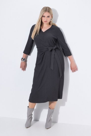 Ulla Popken 843595 Robe portefeuille à manches 3/4 Gris chiné - Robes midi - Robes mi-longues pour femmes rondes