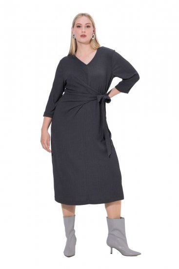Ulla Popken 843595 Robe portefeuille à manches 3/4 Gris chiné - Robes midi - Robes mi-longues pour femmes rondes