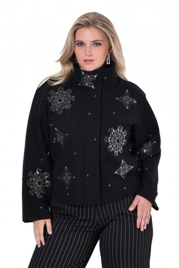 Ulla Popken 844839 Veste courte brodée de flocons Bleu marine - Vestes - Vestes grande taille pour femme