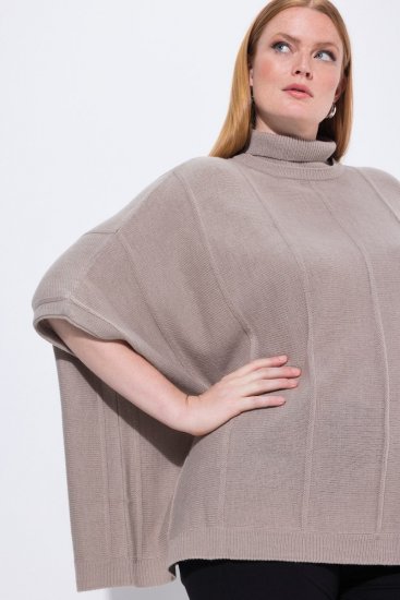 Ulla Popken 844996 Poncho côtelé en mérinos col roulé Marron clair - Ponchos & capes - 