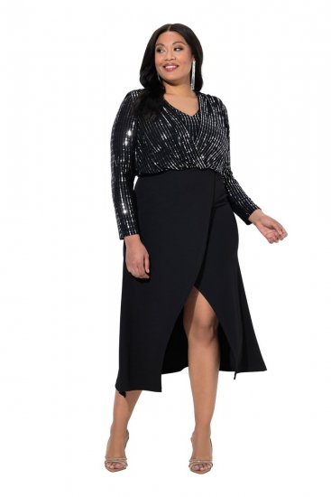 Ulla Popken 845151 Robe rayée à col V Noir - Robes de soirée - Robes de soirée en grandes tailles