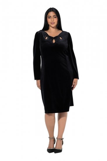 Ulla Popken 845573 Robe en velours à manches longues Noir - Robes de soirée - Robes de soirée en grandes tailles