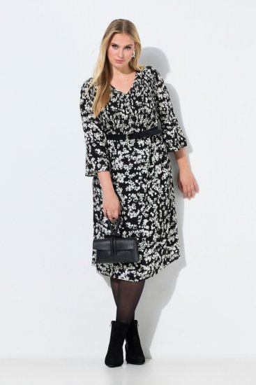 Ulla Popken 845825 Robe mi-longue fleurie à manches 3/4 Noir - Robes midi - Robes mi-longues pour femmes rondes
