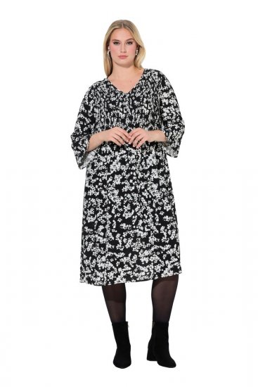 Ulla Popken 845825 Robe mi-longue fleurie à manches 3/4 Noir - Robes midi - Robes mi-longues pour femmes rondes