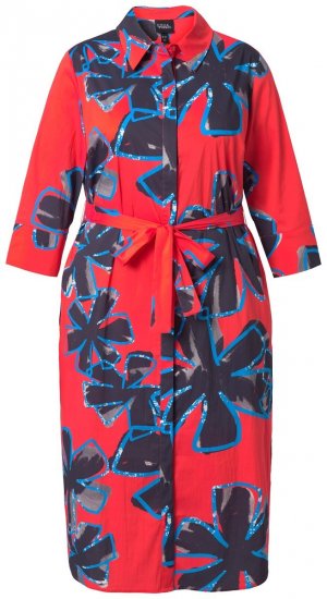 Ulla Popken 846164 Robe chemise fleurie Rouge - Robes midi - Robes mi-longues pour femmes rondes