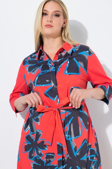 Ulla Popken 846164 Robe chemise fleurie Rouge - Robes midi - Robes mi-longues pour femmes rondes