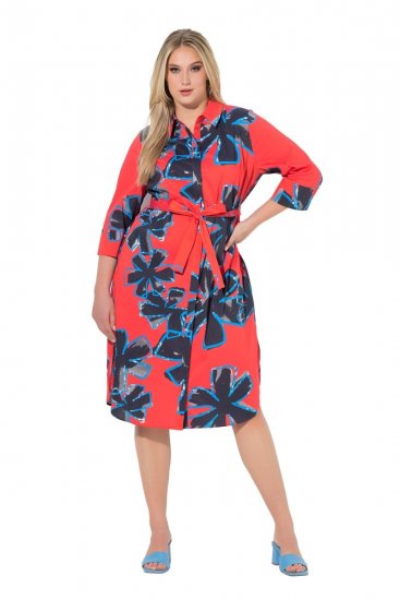 Ulla Popken 846164 Robe chemise fleurie Rouge - Robes midi - Robes mi-longues pour femmes rondes