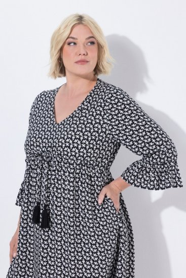 Ulla Popken 847798 Robe mi-longue trapèze à col V Noir - Robes midi - Robes mi-longues pour femmes rondes