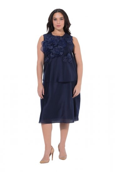 Ulla Popken 847918 Robe en mousseline fleurie Bleu marine - Robes midi - Robes mi-longues pour femmes rondes