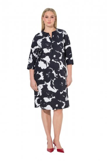 Ulla Popken 848061 Robe mi-longue fleurie à manches 3/4 Noir - Robes midi - Robes mi-longues pour femmes rondes