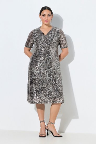 Ulla Popken 848137 Robe à sequins à imprimé animal Beige - Robes de soirée - Robes de soirée en grandes tailles