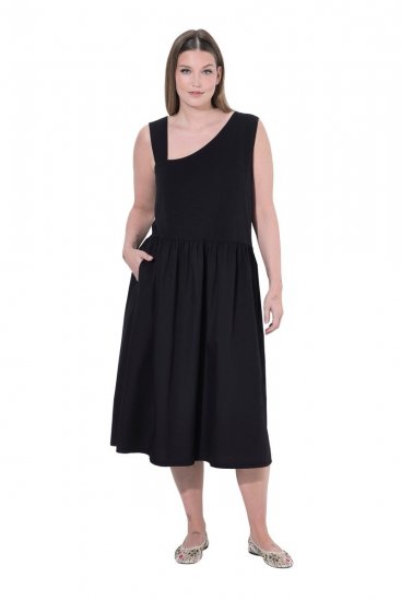 Ulla Popken 848305 Robe mi-longue sans manches à col V Noir - Robes midi - Robes mi-longues pour femmes rondes