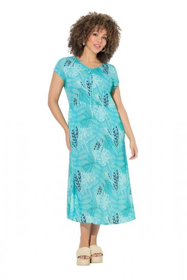 Ulla Popken 848696 Robe mi-longue imprimée à col V Turquoise - Robes midi - Robes mi-longues pour femmes rondes