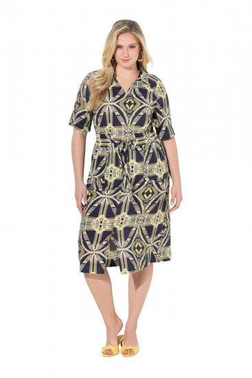 Ulla Popken 848789 Robe mi-longue imprimée à poches Bleu marine - Robes midi - Robes mi-longues pour femmes rondes