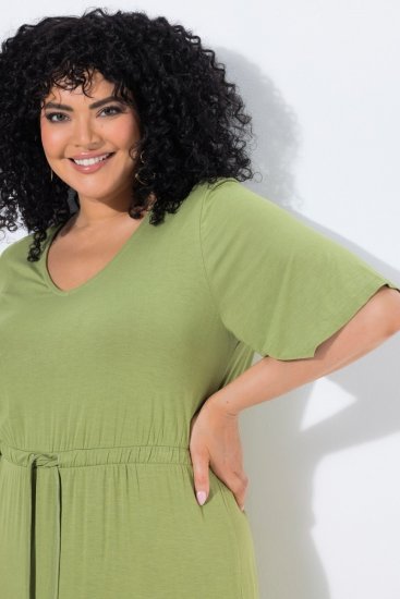 Ulla Popken 848829 Robe mi-longue à manches courtes et cordon Vert clair - Robes midi - Robes mi-longues pour femmes rondes