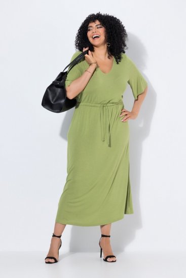 Ulla Popken 848829 Robe mi-longue à manches courtes et cordon Vert clair - Robes midi - Robes mi-longues pour femmes rondes