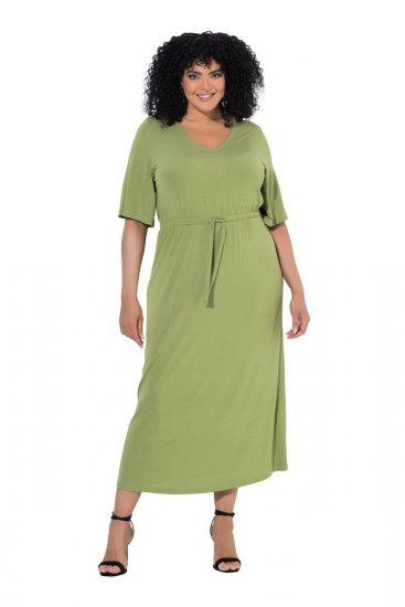 Ulla Popken 848829 Robe mi-longue à manches courtes et cordon Vert clair - Robes midi - Robes mi-longues pour femmes rondes