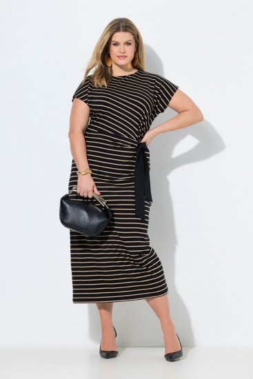 Ulla Popken 848921 Robe en jersey rayée à ceinture à nouer Noir - Robes maxi - Robes longues pour femmes rondes