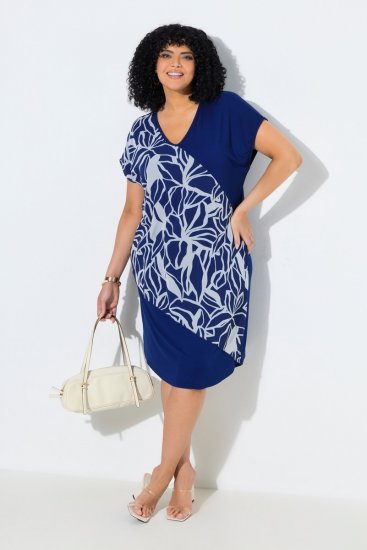 Ulla Popken 849033 Robe en mousseline à manches courtes et col V Bleu marine - Robes - Des robes dans toutes les tailles