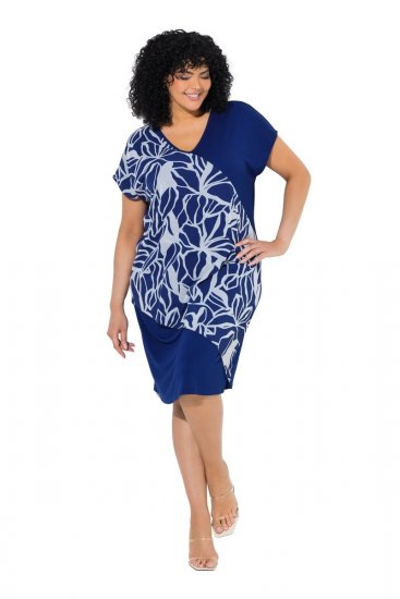 Ulla Popken 849033 Robe en mousseline à manches courtes et col V Bleu marine - Robes - Des robes dans toutes les tailles