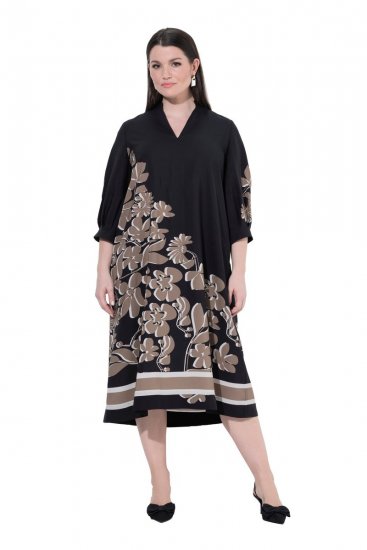 Ulla Popken 849423 Robe fleurie à manches 3/4 Noir - Robes maxi - Robes longues pour femmes rondes