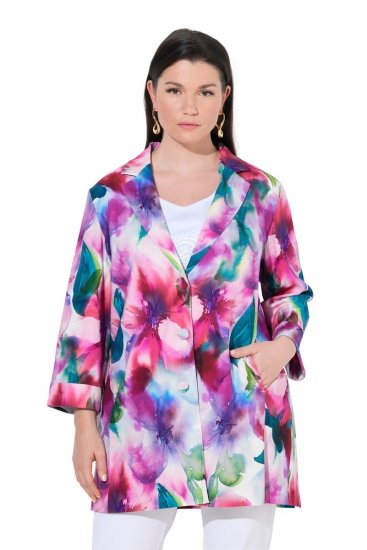 Ulla Popken 849728 Blazer fleuri en lin mélangé Blanc - Blazers - Vestes blazer pour femme, grandes tailles