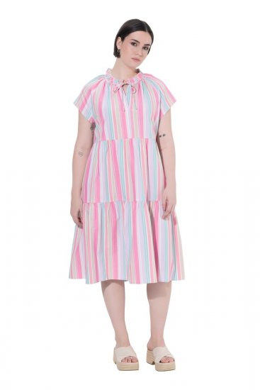 Ulla Popken 849969 Robe mi-longue rayée à volants Rose - Robes midi - Robes mi-longues pour femmes rondes