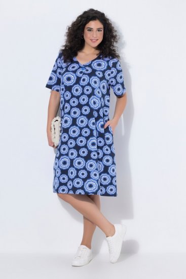 Ulla Popken 850121 Robe en jersey à manches courtes et col V Bleu - Robes en jersey - 