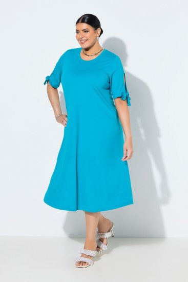 Ulla Popken 850724 Robe mi-longue à manches courtes et ceinture à nouer Turquoise - Robes midi - Robes mi-longues pour femmes rondes