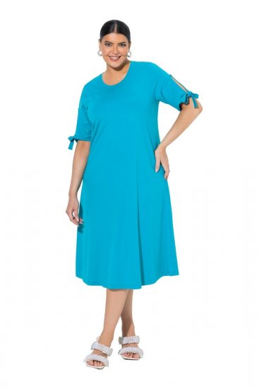 Ulla Popken 850724 Robe mi-longue à manches courtes et ceinture à nouer Turquoise - Robes midi - Robes mi-longues pour femmes rondes
