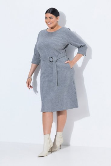 Ulla Popken 851666 Robe mi-longue rayée à manches 3/4 Gris chiné - Robes midi - Robes mi-longues pour femmes rondes
