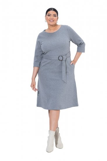 Ulla Popken 851666 Robe mi-longue rayée à manches 3/4 Gris chiné - Robes midi - Robes mi-longues pour femmes rondes