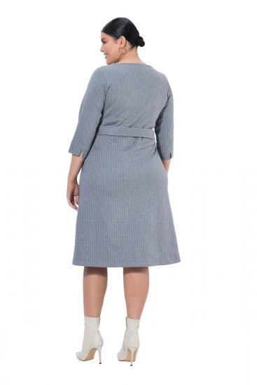 Ulla Popken 851666 Robe mi-longue rayée à manches 3/4 Gris chiné - Robes midi - Robes mi-longues pour femmes rondes