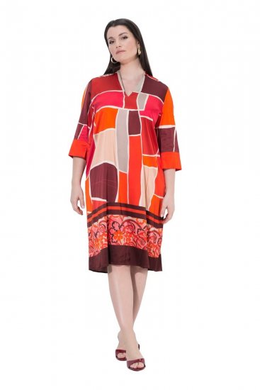 Ulla Popken 852024 Robe mi-longue trapèze à manches 3/4 Rose - Robes midi - Robes mi-longues pour femmes rondes