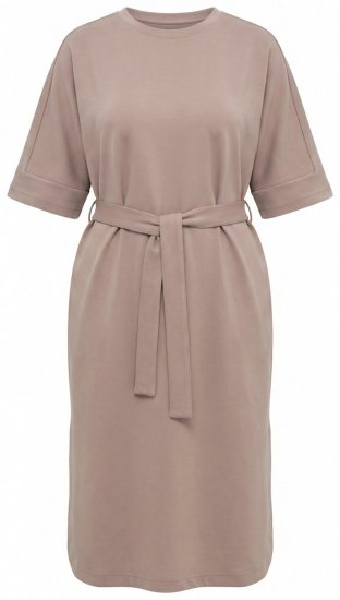 Ulla Popken 852288 Robe mi-longue à manches courtes et ceinture à nouer Marron clair - Robes midi - Robes mi-longues pour femmes rondes