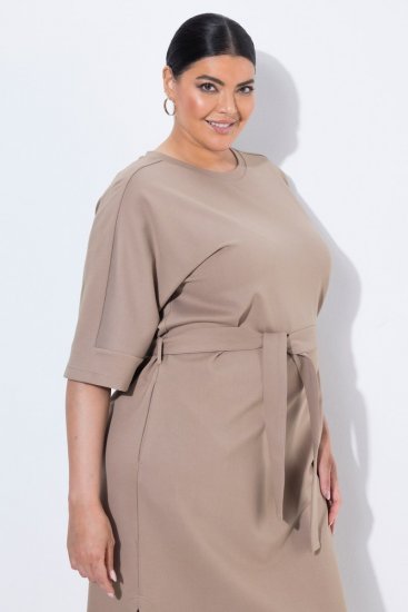 Ulla Popken 852288 Robe mi-longue à manches courtes et ceinture à nouer Marron clair - Robes midi - Robes mi-longues pour femmes rondes