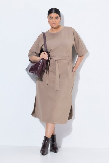 Ulla Popken 852288 Robe mi-longue à manches courtes et ceinture à nouer Marron clair - Robes midi - Robes mi-longues pour femmes rondes
