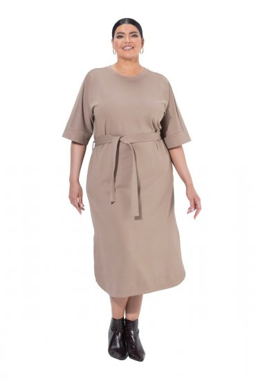 Ulla Popken 852288 Robe mi-longue à manches courtes et ceinture à nouer Marron clair - Robes midi - Robes mi-longues pour femmes rondes