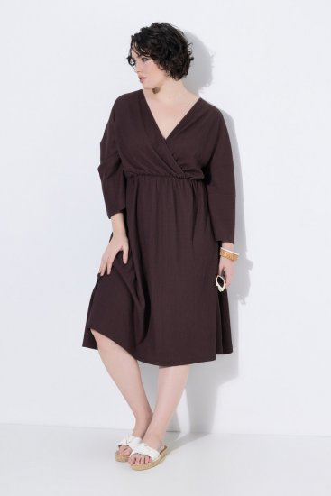 Ulla Popken 852307 Robe portefeuille à manches longues Brun acajou - Robes midi - Robes mi-longues pour femmes rondes