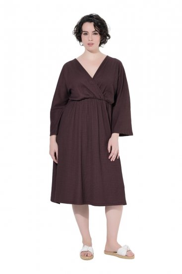 Ulla Popken 852307 Robe portefeuille à manches longues Brun acajou - Robes midi - Robes mi-longues pour femmes rondes