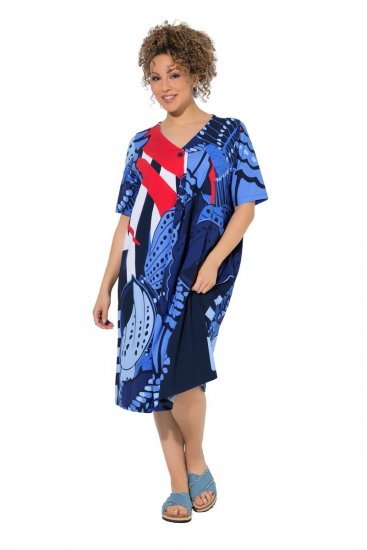 Ulla Popken 852394 Robe mi-longue à manches courtes et col V Bleu marine - Robes midi - Robes mi-longues pour femmes rondes