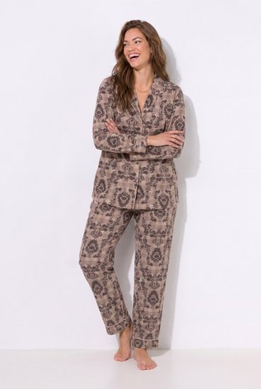 Ulla Popken 852649 Pyjama à motifs et col chemise Marron - Pyjamas/vêtements de détente - 
