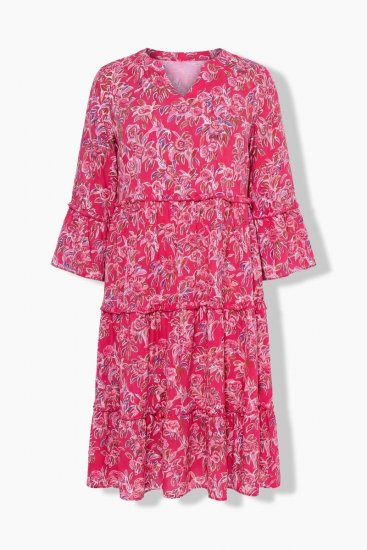 Ulla Popken 852841 Robe fleurie à volants Magenta - Robes midi - Robes mi-longues pour femmes rondes