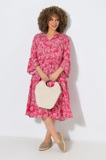 Ulla Popken 852841 Robe fleurie à volants Magenta - Robes midi - Robes mi-longues pour femmes rondes