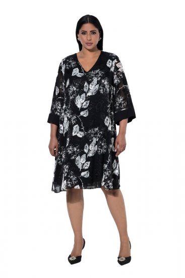 Ulla Popken 852959 Robe fleurie à manches 3/4 Noir - Robes midi - Robes mi-longues pour femmes rondes