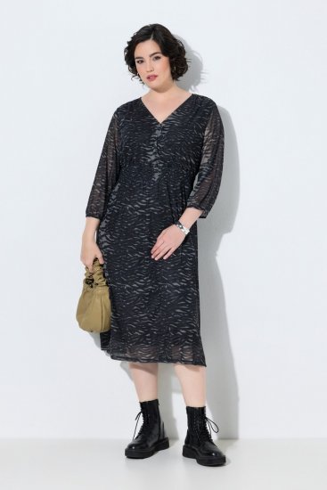 Ulla Popken 853620 Robe mi-longue à imprimé animal et manches 3/4 Noir - Robes midi - Robes mi-longues pour femmes rondes