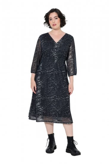 Ulla Popken 853620 Robe mi-longue à imprimé animal et manches 3/4 Noir - Robes midi - Robes mi-longues pour femmes rondes